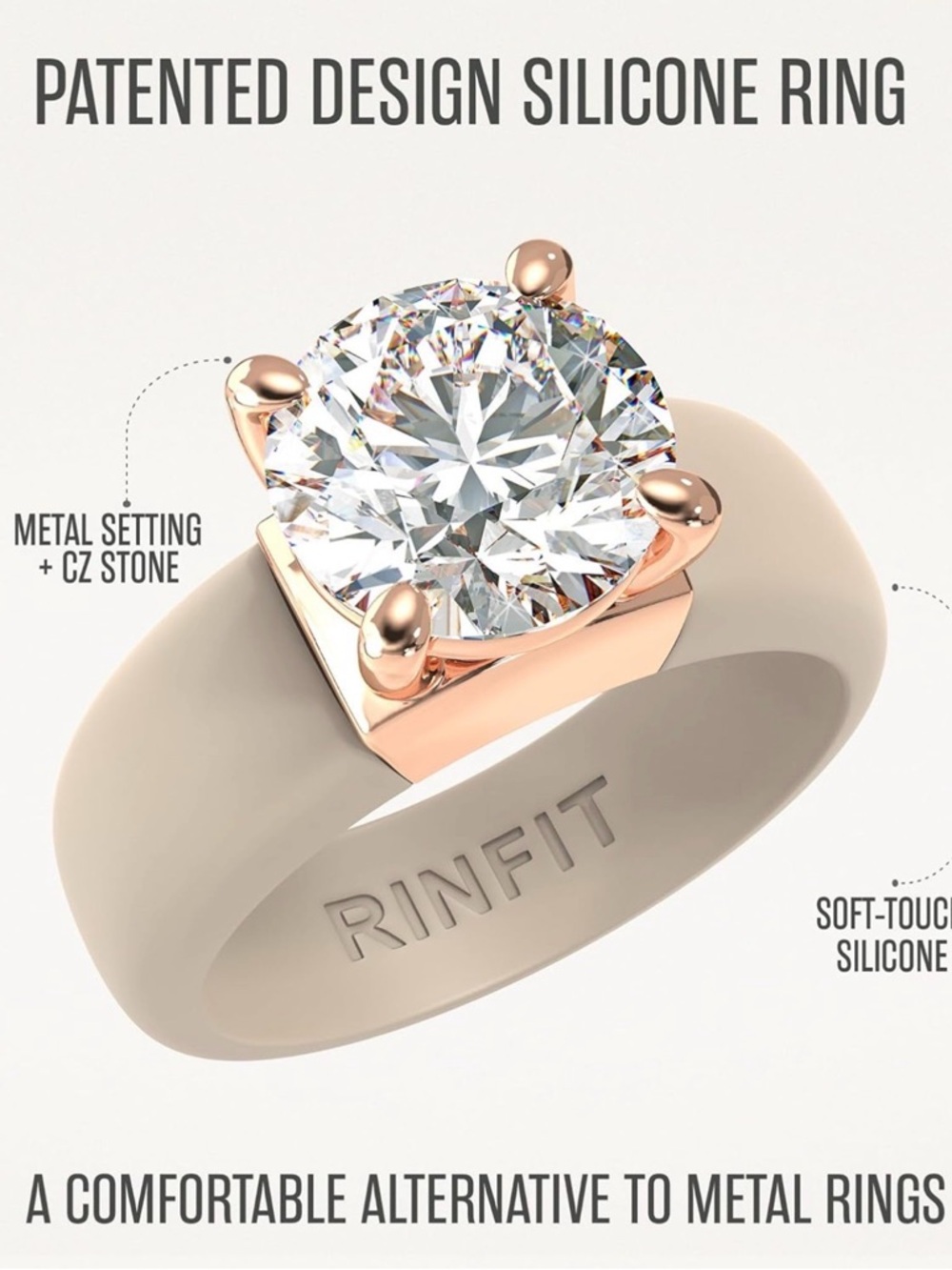RinFit Silicone Ring with Rose Gold colored CZ Setting - Beige Sz 4